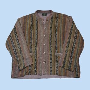 Orvis Mens XL Cotton Striped Geometric Band Collar Button Front Shirt Jacket